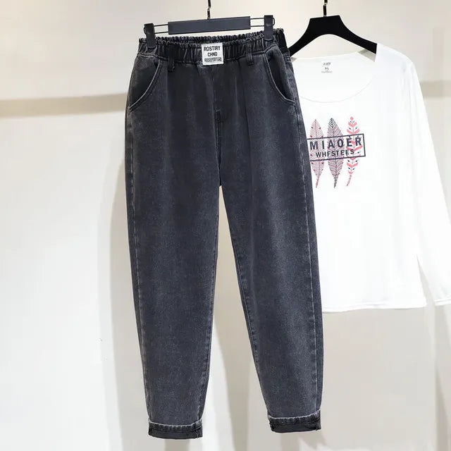 High-waisted ankle-length harem jeans with elasticated waistband