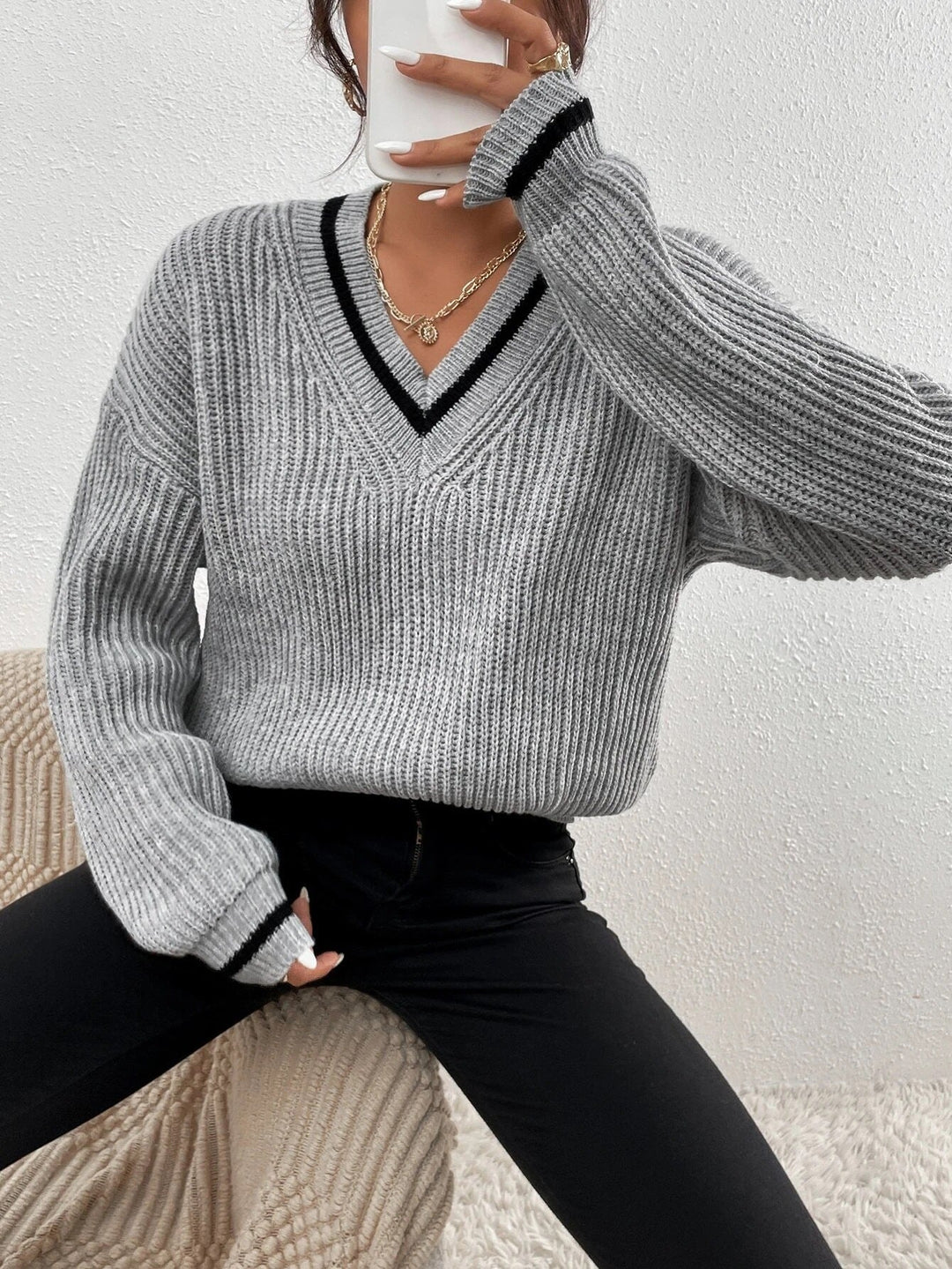 Sweater with patchwork V-neck