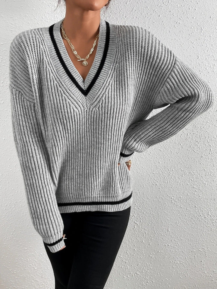 Jumper with patchwork V-neck