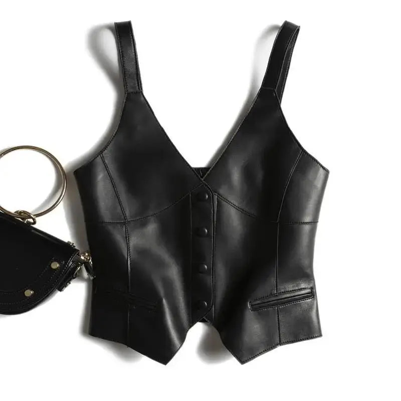 Chic leather waistcoat with double-breasted button placket