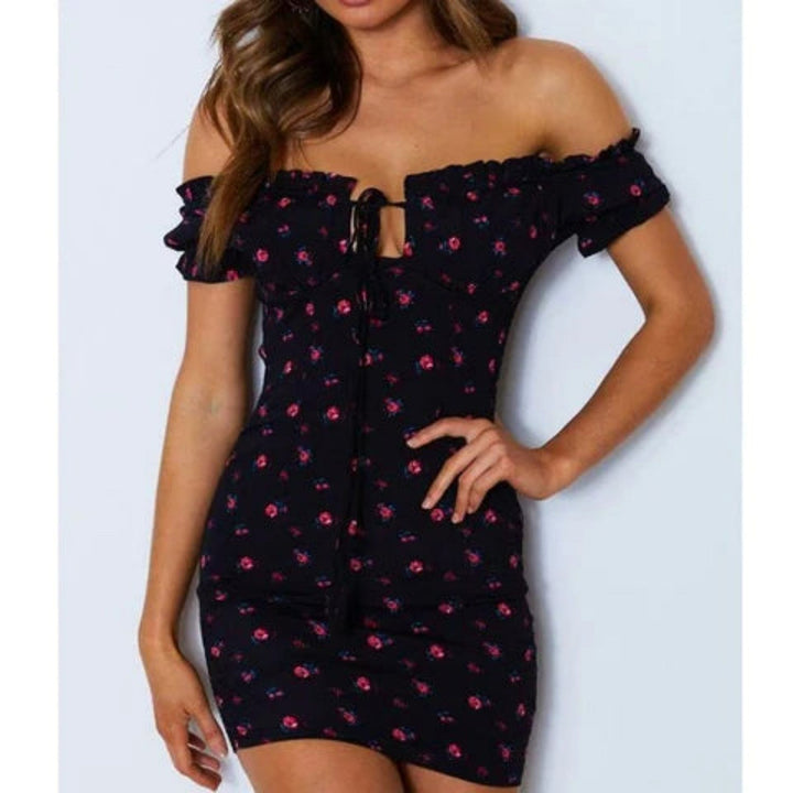 Off-shoulder Mini Dress With Rose Pattern