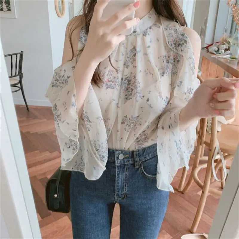 Chiffon blouse with off-the-shoulder design