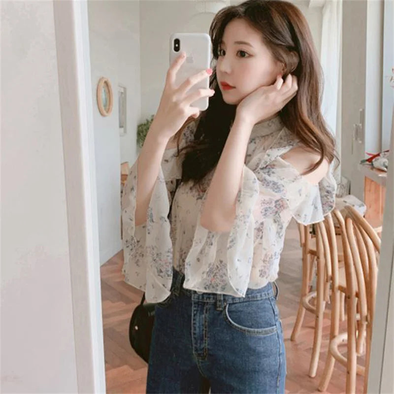 Chiffon blouse with off-the-shoulder design