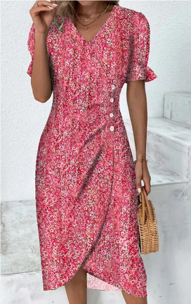 Women's - Chic Dress with Puff Sleeves and V-Neckline
