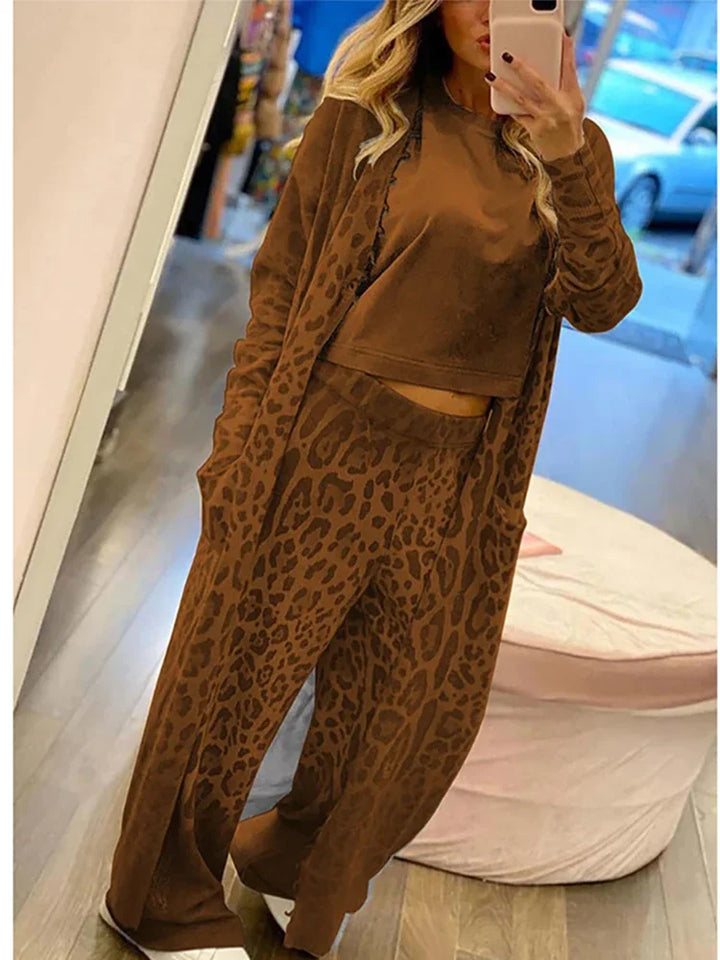 Leopard print pocket long sleeve cardigan and elasticated waist trouser set