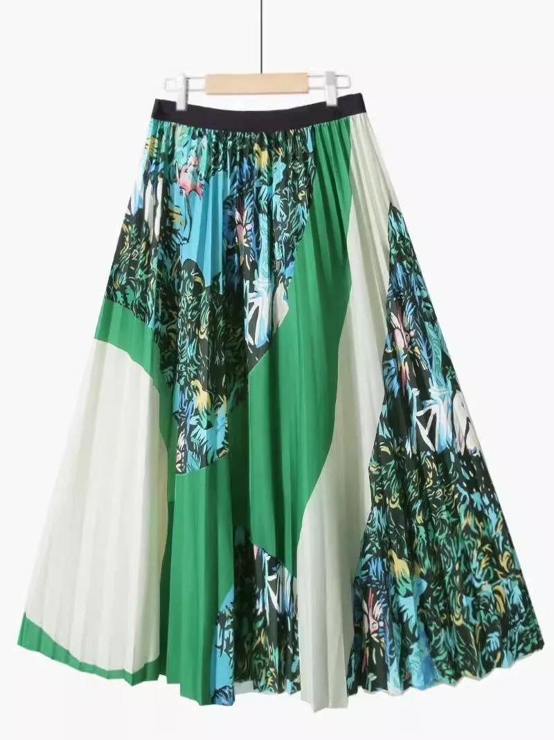 Retro cute printed long pleated skirt