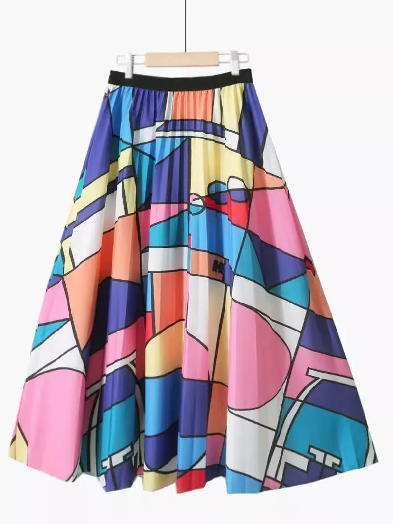 Retro cute printed long pleated skirt