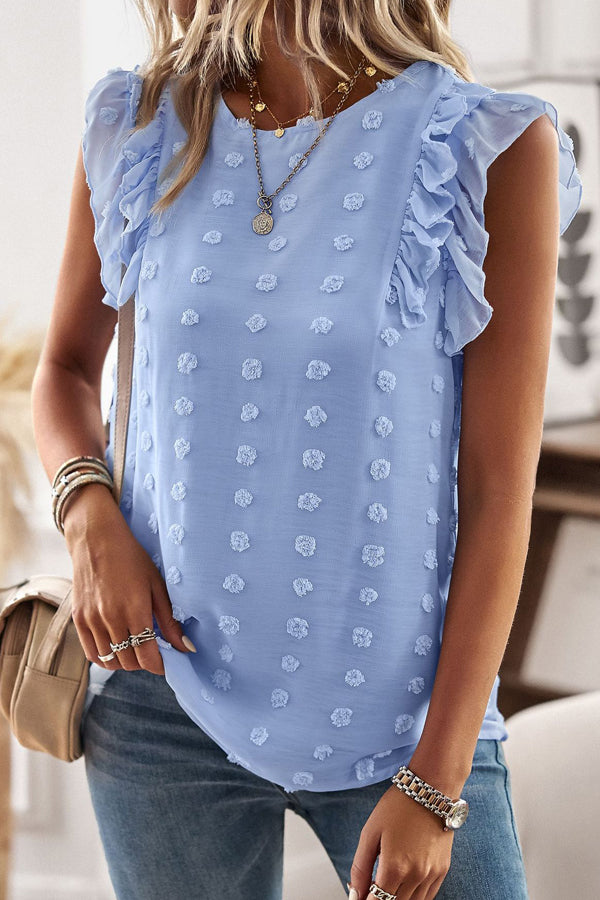 Tops with ruffles on the shoulder and round neckline