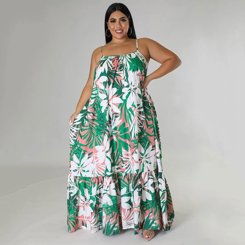 Colourful autumn dreams: plus-size maxi dress with spaghetti straps