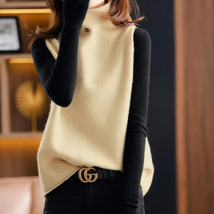 Ladies vintage turtleneck waistcoat - Solid loose sleeveless knitted waistcoat