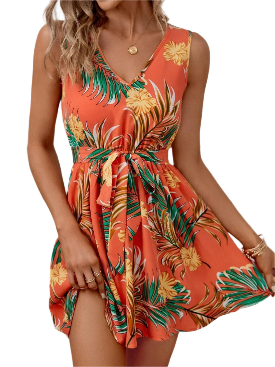 Women's - Elegant Dress - Printed Plant Belt - Stylish and Comfortable - Perfect for Any Occasion