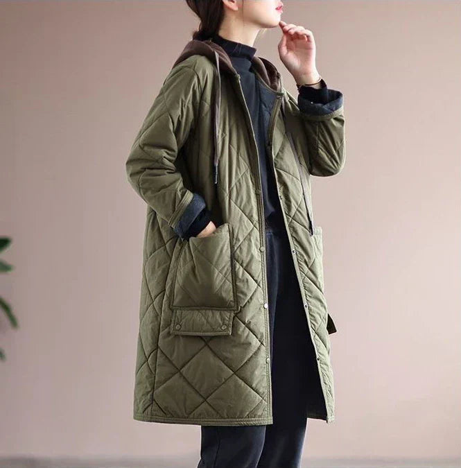 Single-breasted, mid-length coat with oversized hood