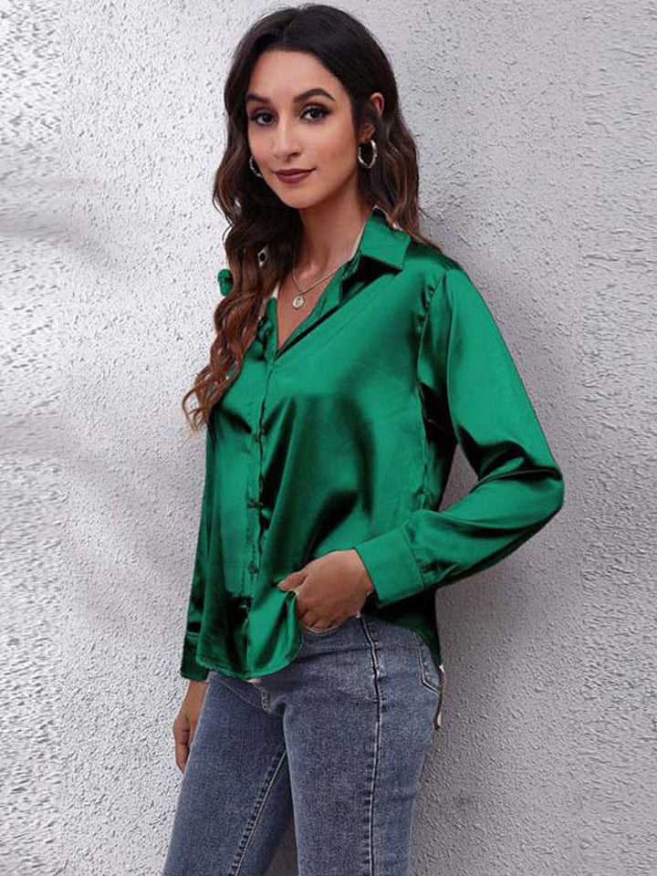 Satin Blouse For Women Loose fit Button placket  Silky long-sleeved shirt