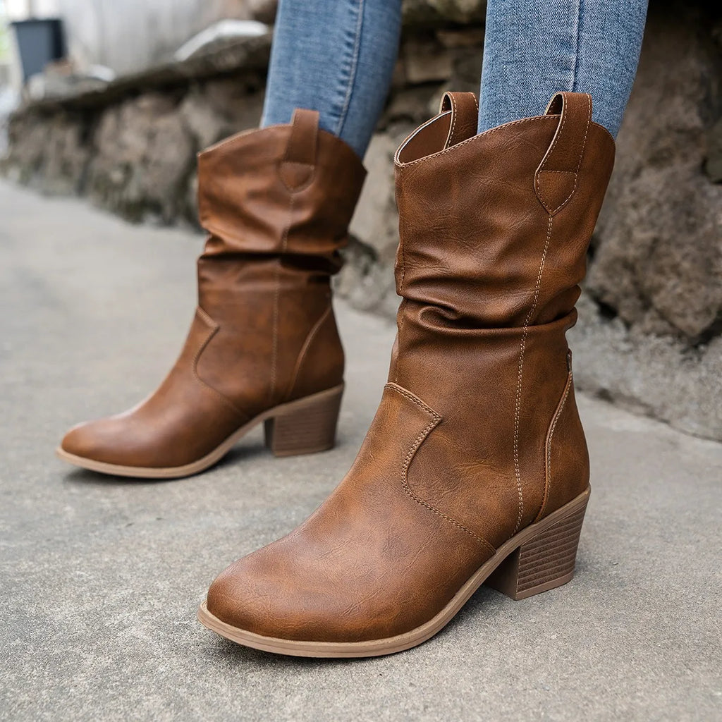 Women's - Mid-Shaft Slouch Boots - Stylish Western Design - Comfortable Fit