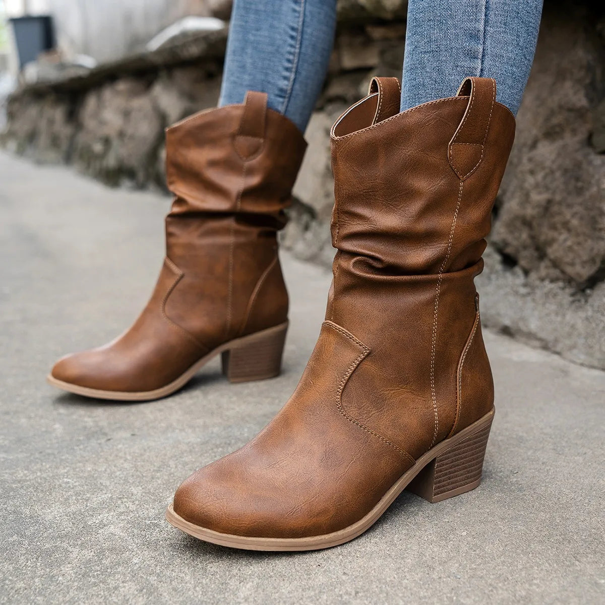 Women's - Mid-Shaft Slouch Boots - Stylish Western Design - Comfortable Fit