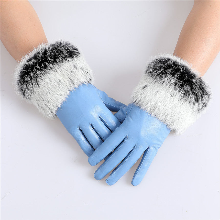 Genuine lamb leather gloves with rabbit fur cuffs | Ladies leather gloves