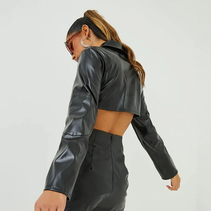 Short faux leather jacket with embroidery