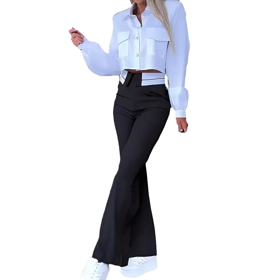 Long-sleeved top and trousers with high waist