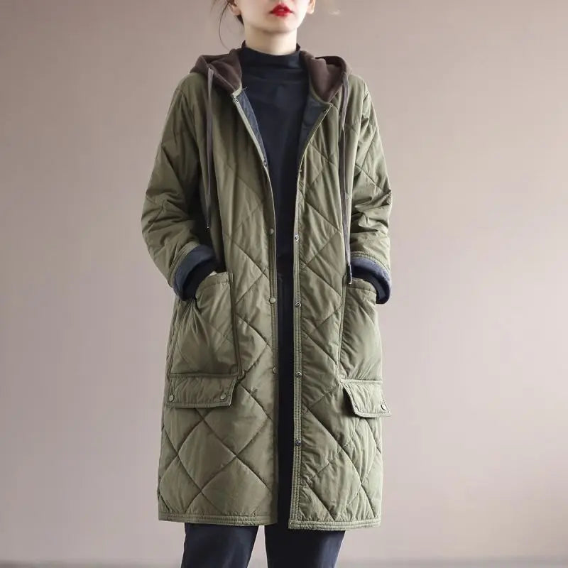 Single-breasted, mid-length coat with oversized hood