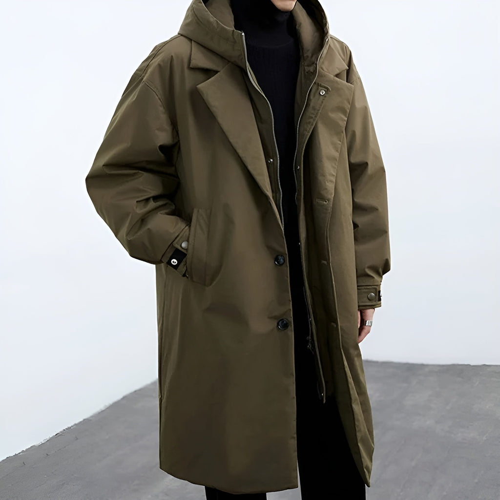 Men - Stylish Trench Coat - Water-Resistant Fabric - Versatile Outerwear - Designed for All Seasons