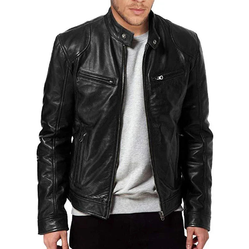 Men's - Biker Jacket - Leather - Multiple Pockets - Stylish Casual Outerwear