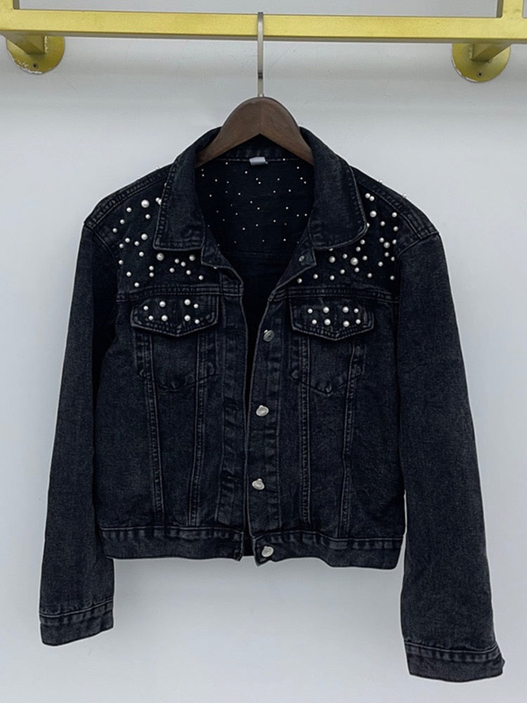 Elegant denim jacket embellished with pearls