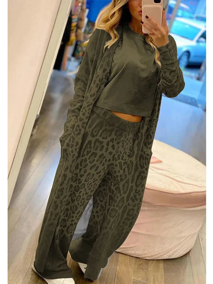 Leopard print pocket long sleeve cardigan and elasticated waist trouser set