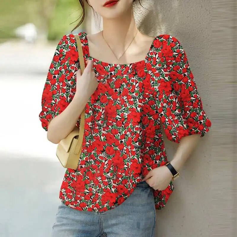 Blouses with floral print and square neckline