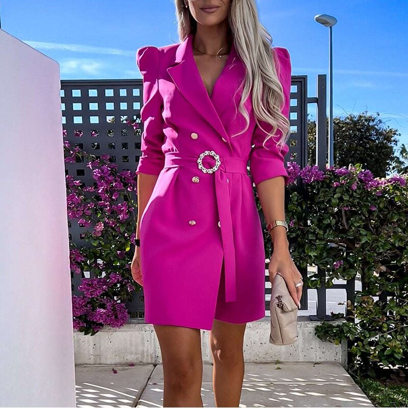 Blazer dress with lapel collar and waist belt