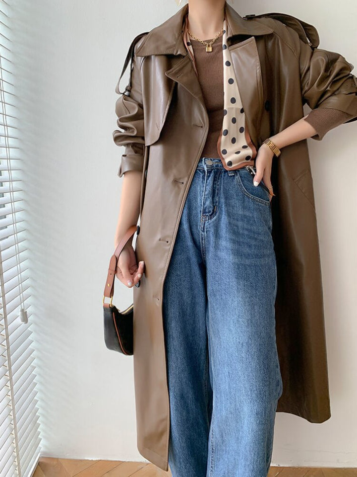 Women's trench coat - New fashion: long, thin leather coat in a loose fit