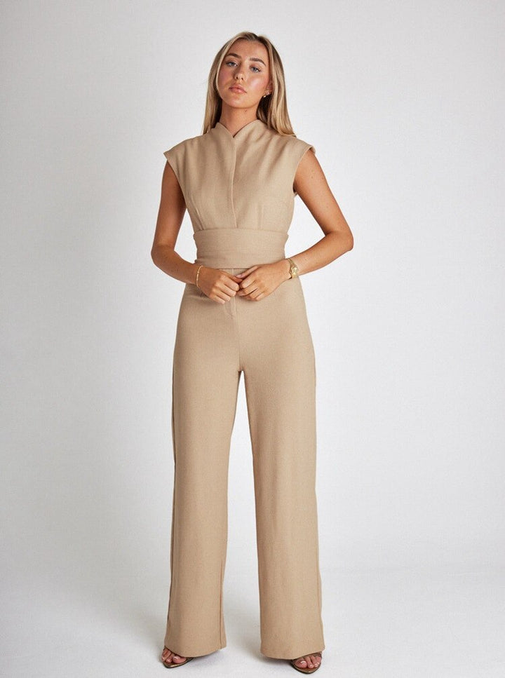 Chic jumpsuit - V-neck, tight belt, wide bodycon leg