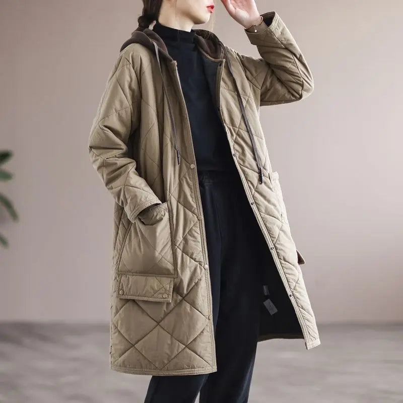 Single-breasted, mid-length coat with oversized hood