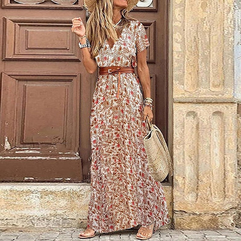 Ladies Elegant paisley dress with V-neck and wide hemline