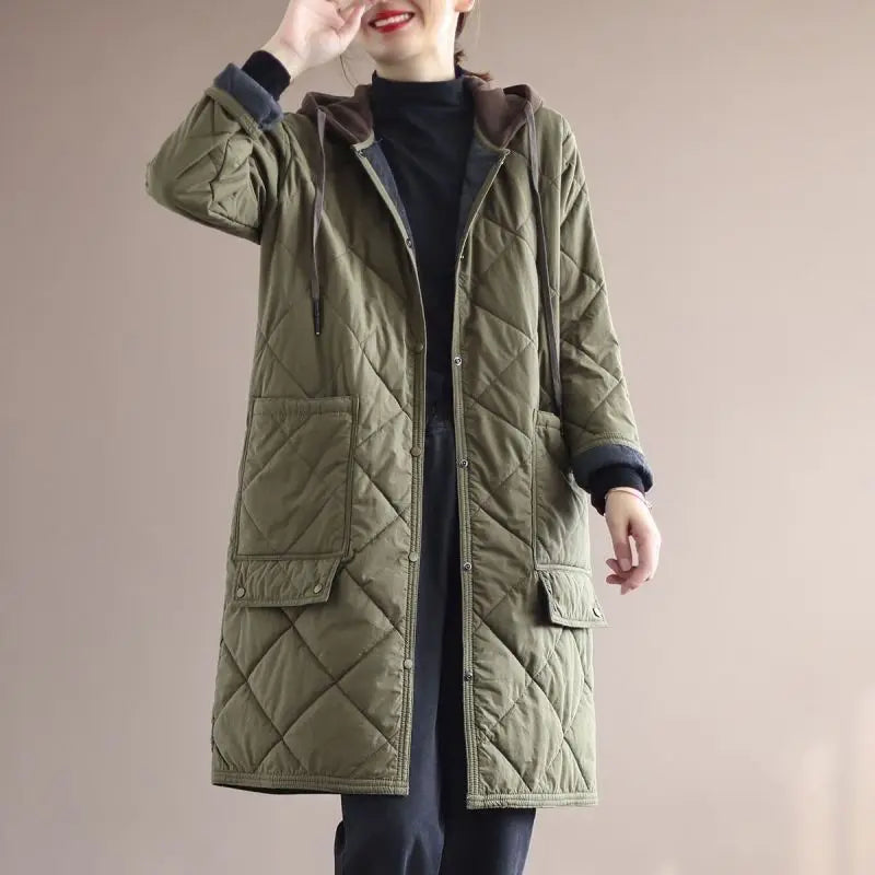 Single-breasted, mid-length coat with oversized hood