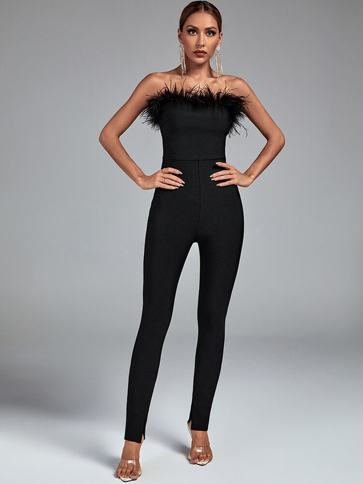 Feather jumpsuit - feather, bandage, bodycon