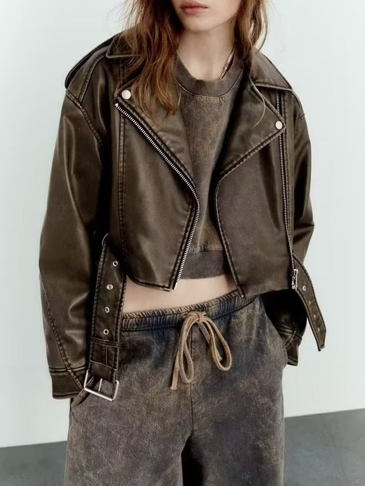 Classic faux leather creation - women's vintage jacket with belt