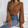 Women's fashionable knitted tops with long sleeves and V-neckline