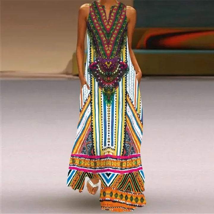 Retro print long dress