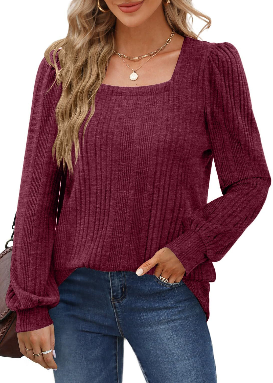 Elegant women's tops with long sleeves, loose cut and plain-coloured pullover T-shirt