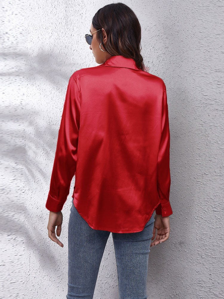 Satin Blouse For Women Loose fit Button placket  Silky long-sleeved shirt