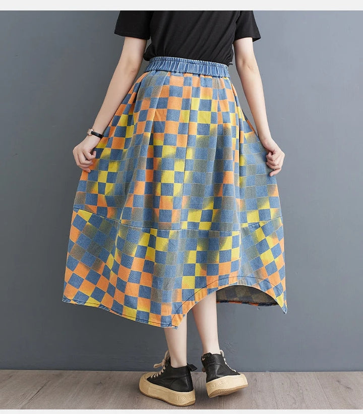 Retro printed floral denim skirt