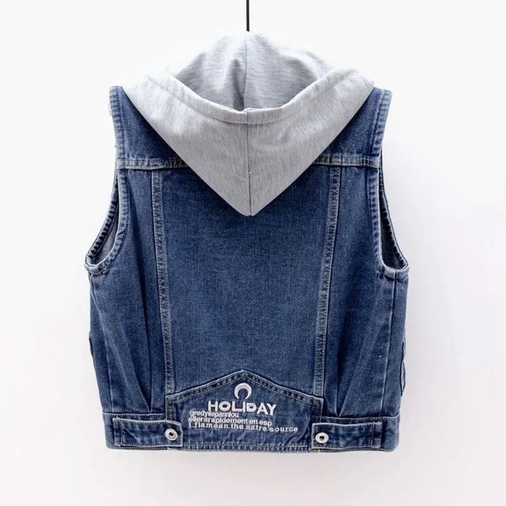 Denim waistcoat with hood and breast pockets