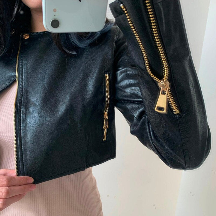 Bold faux leather short jacket | women's high waist bodycon jackets with chic gold zip | streetwear