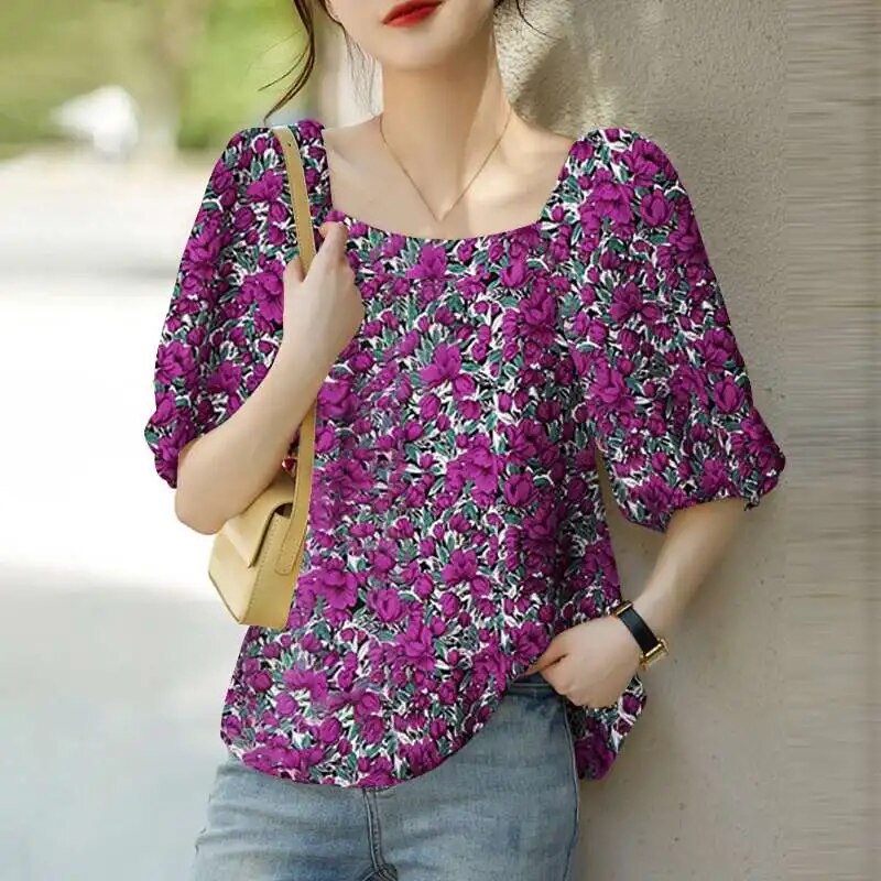 Blouses with floral print and square neckline