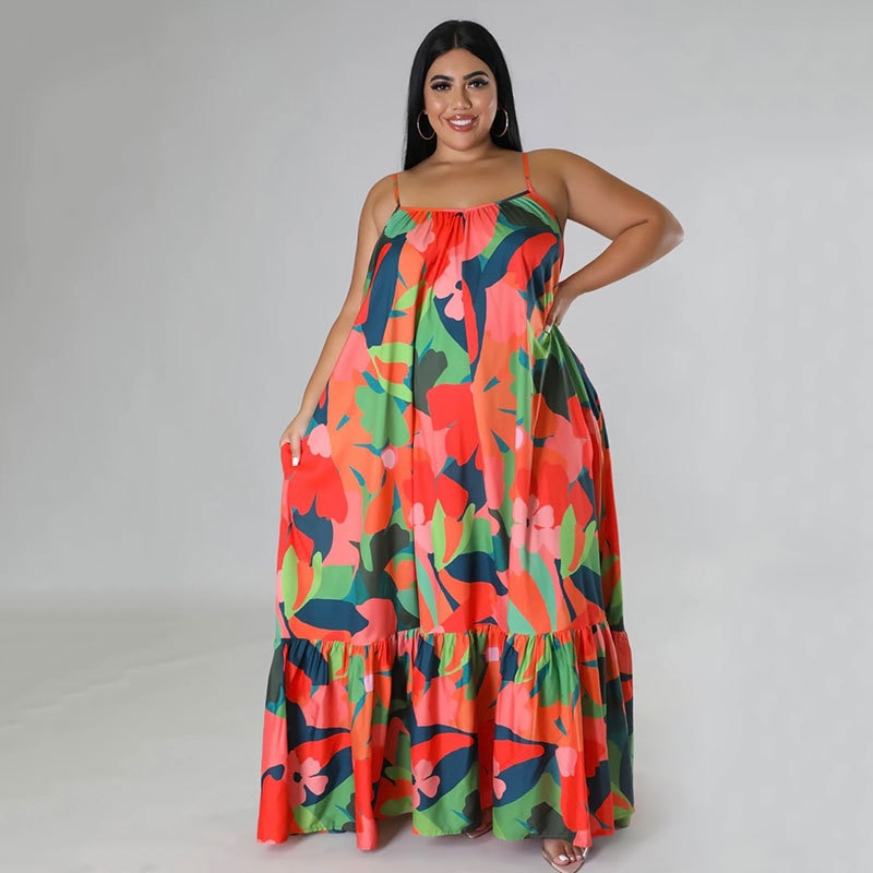 Colourful autumn dreams: plus-size maxi dress with spaghetti straps