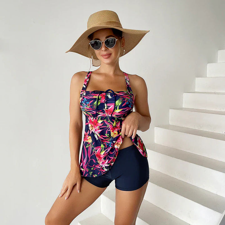 Swim dress with floral print and knot at the front