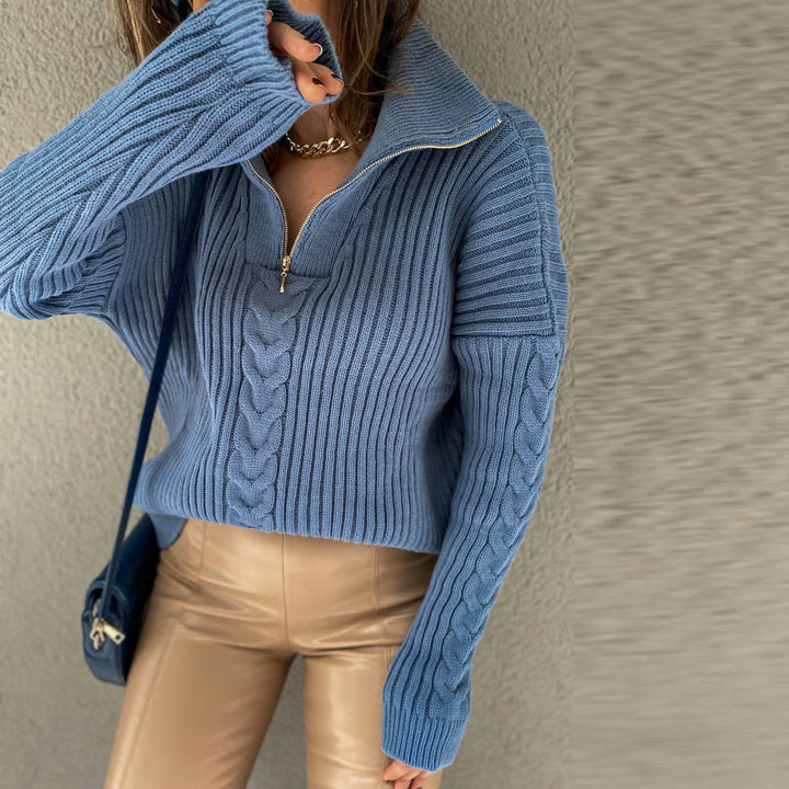 Comfortable cable-knit jumper with V-neck, turtleneck and zip