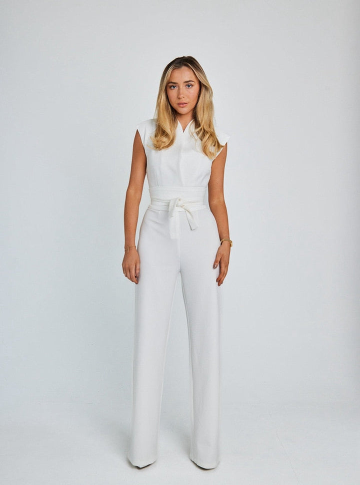 Chique jumpsuit - V-neck, tight belt, wide bodycon leg