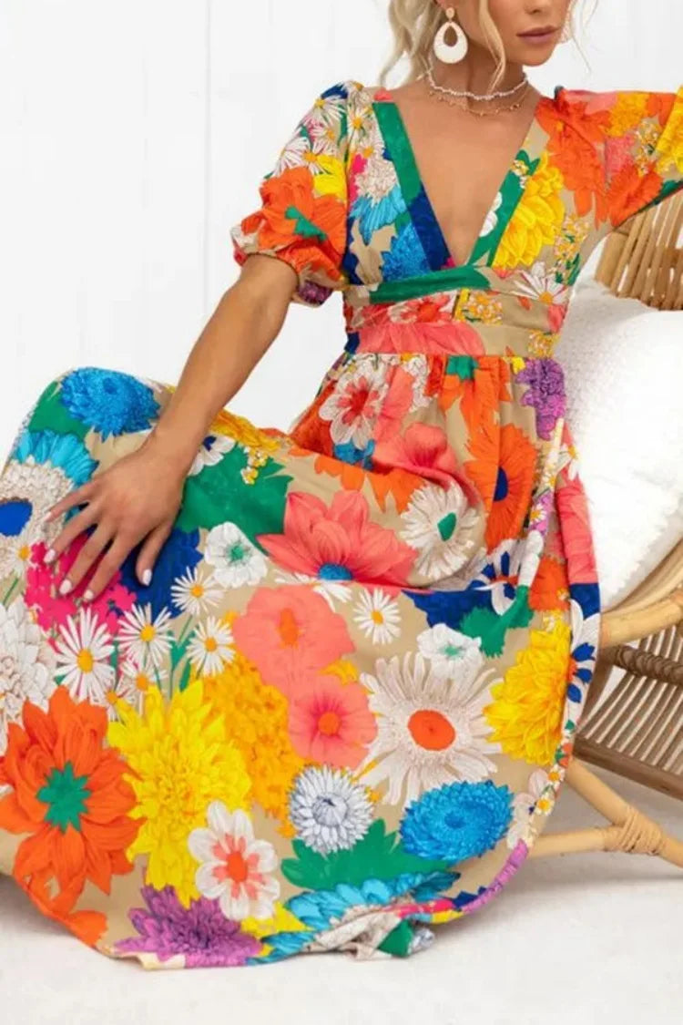 Dress with puff sleeves and floral print