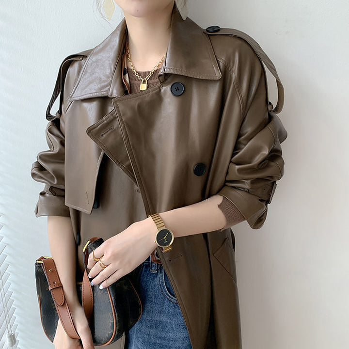 Women's trench coat - New fashion: long, thin leather coat in a loose fit